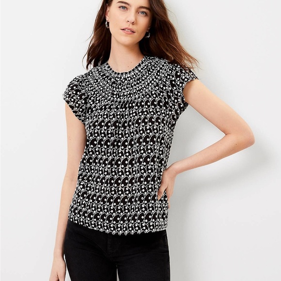 #44 LOFT  • BLACK AND WHITE TOP • EMBROIDERED SMOCKED NECK - Picture 1 of 10